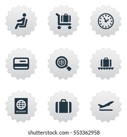 Set Of 9 Simple Plane Icons. Can Be Found Such Elements As Credit Card, Handbag, Takeoff.