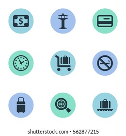 Set Of 9 Simple Plane Icons. Can Be Found Such Elements As Watch, Currency, Cigarette Forbidden And Other.