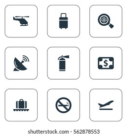 Set Of 9 Simple Plane Icons. Can Be Found Such Elements As Takeoff, Cigarette Forbidden, Antenna And Other.