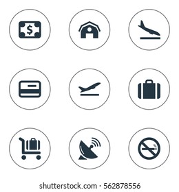 Set Of 9 Simple Plane Icons. Can Be Found Such Elements As Baggage Cart, Alighting Plane, Handbag.