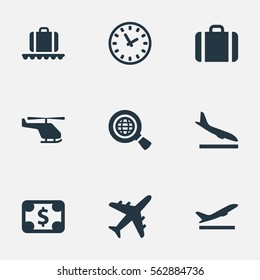 Set Of 9 Simple Plane Icons. Can Be Found Such Elements As Watch, Global Research, Takeoff And Other.
