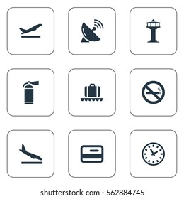 Set Of 9 Simple Plane Icons. Can Be Found Such Elements As Flight Control Tower, Cigarette Forbidden, Alighting Plane And Other.