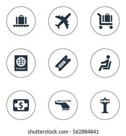 Set Of 9 Simple Plane Icons. Can Be Found Such Elements As Flight Control Tower, Certificate Of Citizenship, Baggage Cart And Other.