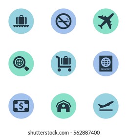 Set Of 9 Simple Plane Icons. Can Be Found Such Elements As Takeoff, Currency, Luggage Carousel And Other.