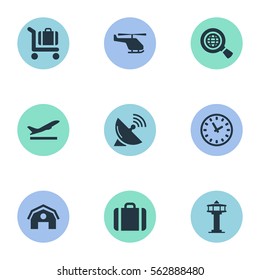 Set Of 9 Simple Plane Icons. Can Be Found Such Elements As Flight Control Tower, Global Research, Handbag.