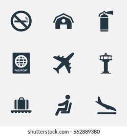 Set Of 9 Simple Plane Icons. Can Be Found Such Elements As Flight Control Tower, Garage, Alighting Plane And Other.