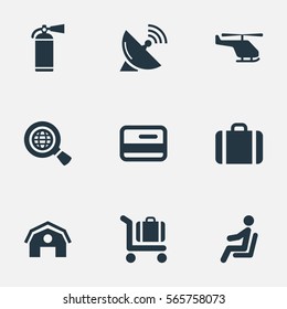 Set Of 9 Simple Plane Icons. Can Be Found Such Elements As Garage, Global Research, Baggage Cart And Other.