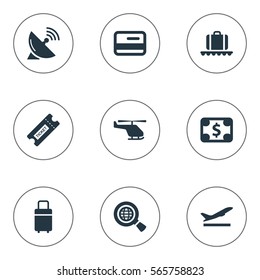 Set Of 9 Simple Plane Icons. Can Be Found Such Elements As Luggage Carousel, Antenna, Global Research And Other.