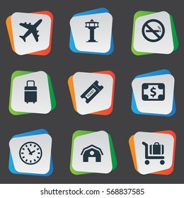 Set Of 9 Simple Plane Icons. Can Be Found Such Elements As Currency, Travel Bag, Cigarette Forbidden And Other.