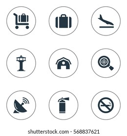 Set Of 9 Simple Plane Icons. Can Be Found Such Elements As Garage, Antenna, Cigarette Forbidden And Other.