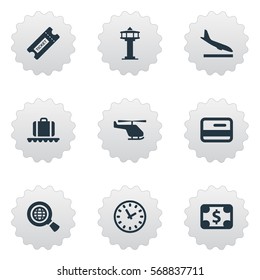 Set Of 9 Simple Plane Icons. Can Be Found Such Elements As Alighting Plane, Air Transport, Flight Control Tower And Other.