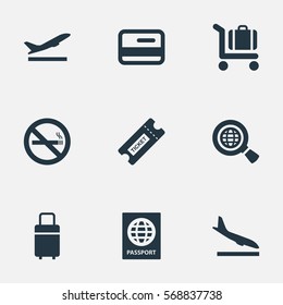 Set Of 9 Simple Plane Icons. Can Be Found Such Elements As Cigarette Forbidden, Alighting Plane, Travel Bag And Other.