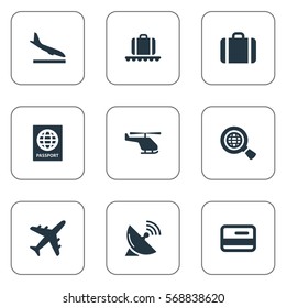 Set Of 9 Simple Plane Icons. Can Be Found Such Elements As Alighting Plane, Air Transport, Global Research And Other.