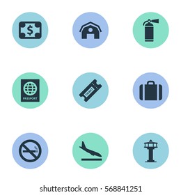 Set Of 9 Simple Plane Icons. Can Be Found Such Elements As Certificate Of Citizenship, Flight Control Tower, Coupon And Other.