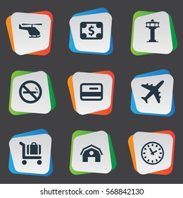 Set Of 9 Simple Plane Icons. Can Be Found Such Elements As Watch, Credit Card, Garage And Other.