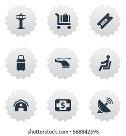 Set Of 9 Simple Plane Icons. Can Be Found Such Elements As Air Transport, Flight Control Tower, Travel Bag And Other.