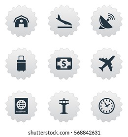 Set Of 9 Simple Plane Icons. Can Be Found Such Elements As Antenna, Watch, Currency And Other.