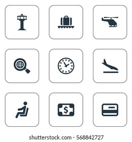 Set Of 9 Simple Plane Icons. Can Be Found Such Elements As Luggage Carousel, Alighting Plane, Global Research And Other.