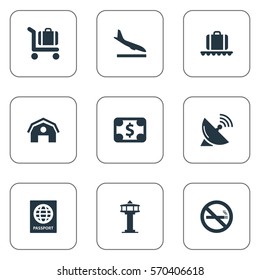 Set Of 9 Simple Plane Icons. Can Be Found Such Elements As Luggage Carousel, Alighting Plane, Currency And Other.