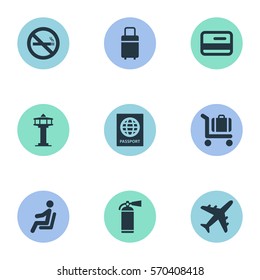 Set Of 9 Simple Plane Icons. Can Be Found Such Elements As Plane, Credit Card, Protection Tool And Other.