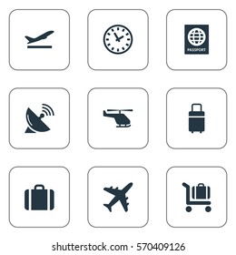 Set Of 9 Simple Plane Icons. Can Be Found Such Elements As Certificate Of Citizenship, Travel Bag, Plane And Other.