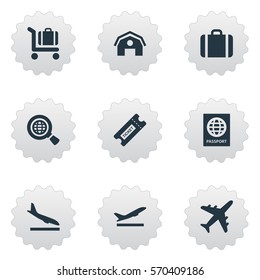 Set Of 9 Simple Plane Icons. Can Be Found Such Elements As Takeoff, Certificate Of Citizenship, Coupon And Other.