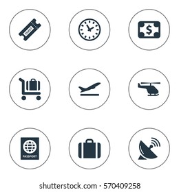 Set Of 9 Simple Plane Icons. Can Be Found Such Elements As Watch , Handbag, Certificate Of Citizenship.