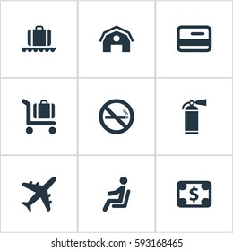 Set Of 9 Simple Plane Icons. Can Be Found Such Elements As Luggage Carousel, Plane, Credit Card And Other.