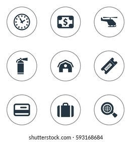 Set Of 9 Simple Plane Icons. Can Be Found Such Elements As Protection Tool, Credit Card, Air Transport And Other.