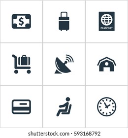 Set Of 9 Simple Plane Icons. Can Be Found Such Elements As Seat, Currency, Garage And Other.