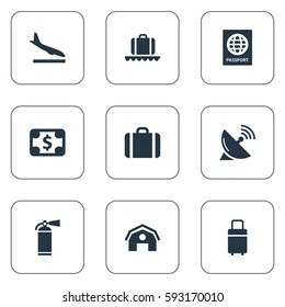 Set Of 9 Simple Plane Icons. Can Be Found Such Elements As Protection Tool, Alighting Plane, Travel Bag And Other.