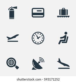 Set Of 9 Simple Plane Icons. Can Be Found Such Elements As Protection Tool, Global Research, Watch And Other.