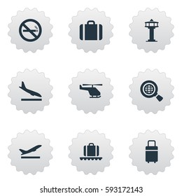 Set Of 9 Simple Plane Icons. Can Be Found Such Elements As Alighting Plane, Handbag, Flight Control Tower.