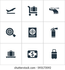 Set Of 9 Simple Plane Icons. Can Be Found Such Elements As Air Transport, Protection Tool, Certificate Of Citizenship And Other.