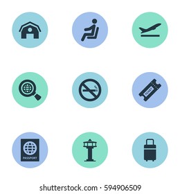 Set Of 9 Simple Plane Icons. Can Be Found Such Elements As Flight Control Tower, Travel Bag, Coupon And Other.
