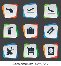 Set Of 9 Simple Plane Icons. Can Be Found Such Elements As Protection Tool, Air Transport , Handbag.