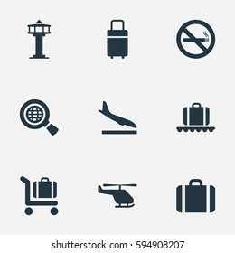 Set Of 9 Simple Plane Icons. Can Be Found Such Elements As Baggage Cart, Cigarette Forbidden, Flight Control Tower And Other.