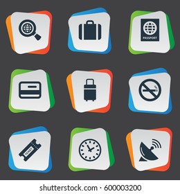 Set Of 9 Simple Plane Icons. Can Be Found Such Elements As Global Research, Cigarette Forbidden, Coupon And Other.