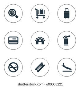 Set Of 9 Simple Plane Icons. Can Be Found Such Elements As Travel Bag, Cigarette Forbidden, Global Research And Other.