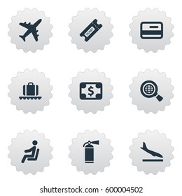 Set Of 9 Simple Plane Icons. Can Be Found Such Elements As Alighting Plane, Protection Tool, Global Research And Other.