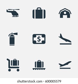Set Of 9 Simple Plane Icons. Can Be Found Such Elements As Handbag, Baggage Cart, Garage.