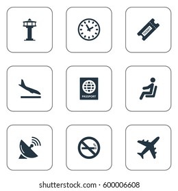 Set Of 9 Simple Plane Icons. Can Be Found Such Elements As Alighting Plane, Plane, Antenna And Other.