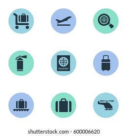 Set Of 9 Simple Plane Icons. Can Be Found Such Elements As Handbag, Luggage Carousel, Certificate Of Citizenship.