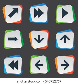 Set Of 9 Simple Pointer Icons. Can Be Found Such Elements As Advanced, Right Landmark, Downwards Pointing.