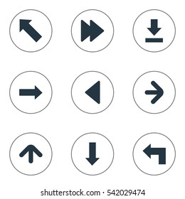 Set Of 9 Simple Pointer Icons. Can Be Found Such Elements As Right Direction, Upward Direction, Downwards Pointing And Other.