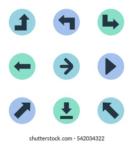 Set Of 9 Simple Pointer Icons. Can Be Found Such Elements As Left Direction, Right Direction, Indicator And Other.