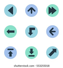 Set Of 9 Simple Pointer Icons. Can Be Found Such Elements As Reduction, Left Landmark , Indicator.