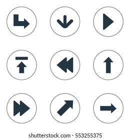 Set Of 9 Simple Pointer Icons. Can Be Found Such Elements As Transfer, Upward Direction, Advanced And Other.