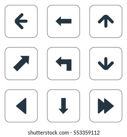 Set Of 9 Simple Pointer Icons. Can Be Found Such Elements As Pointer, Indicator, Left Direction And Other.
