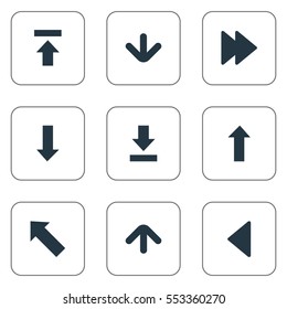 Set Of 9 Simple Pointer Icons. Can Be Found Such Elements As Downwards Pointing, Let Down, Upward Direction And Other.